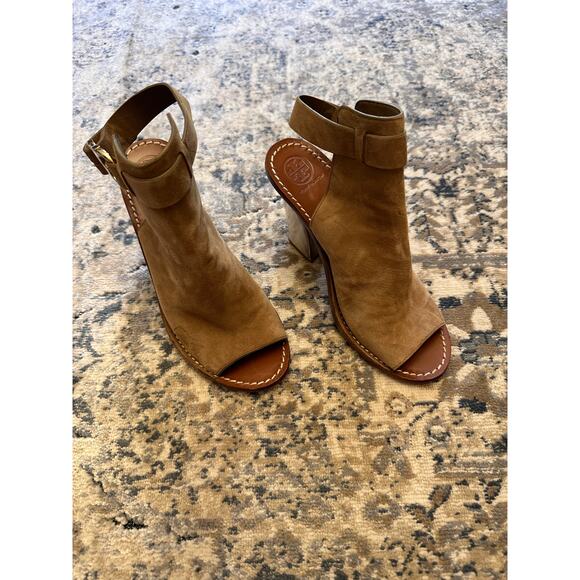 Tory Burch Suede Buckle Peep Toe Block Heels - Picture 2 of 5